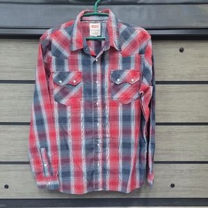 W/Large Levi Long Sleeve Snap Button 2 Breast Pockets Plaid Western Style Shirt